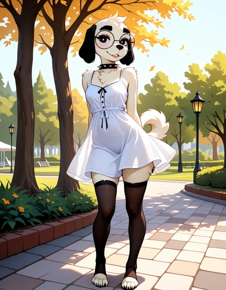 masterpiece, best quality, very aesthetic, absurdres,
outdoors, park,
sundress, thighhighs,
standing, posing, barefoot,
full body, seductive smile, parted lips, long eyelashes,
<lora:Molly_v01_NAIXL:1>
Molly,1girl,solo,furry,furry female,dog girl,dof ears,short hair,black eyes,thick eyebrows,round eyewear,snout,animal nose,spiked collar,body fur,white fur,dog tail,