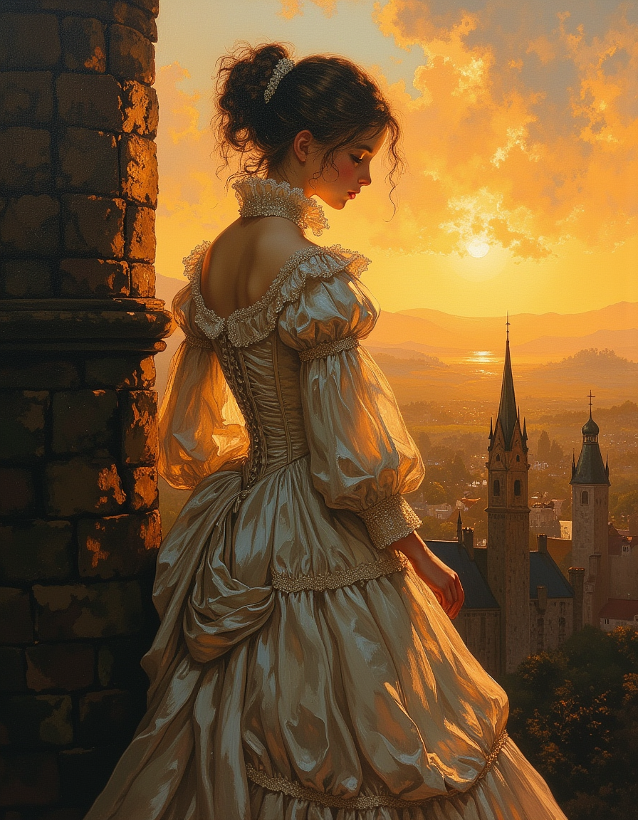 oil painting of HBClaflin style of a graceful young girl in standing on top the tower of a high castle, she is wearing a Victorian dress that is tightly corseted, hooped, and bustled. She is watching a sun set. masterful painting, oil on canvas, shadow and light, Masterpiece, intricate lines, intriguing atmosphere, sharp magnificent details, delicate features, elaborate details, (2\3 rule composition:0.5), ultra detailed, romantic, Rembrandt lighting, brush stroke, lovely, del1cate_balance style, in the style of Rembrandt. vantablack <lora:style_of_Rembrandt_FLUX_135:.8> <lora:- Flux1 - vanta_black_V2.0:.3> <lora:Delicate_Balance:.3> <lora:neeeg_f1:-1> <lora:Midjourney_Whisper_Minimal:.3> <lora:H. B. Claflin:.6>
