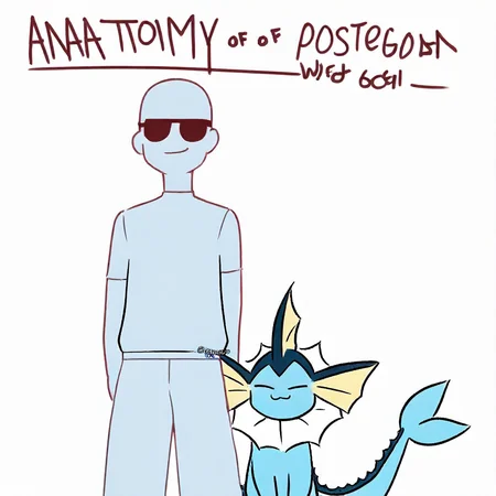 aofgamer, 1other, 1boy, vaporeon, faceless male, sunglasses, height difference, :3, smug, smile, white background, simple background