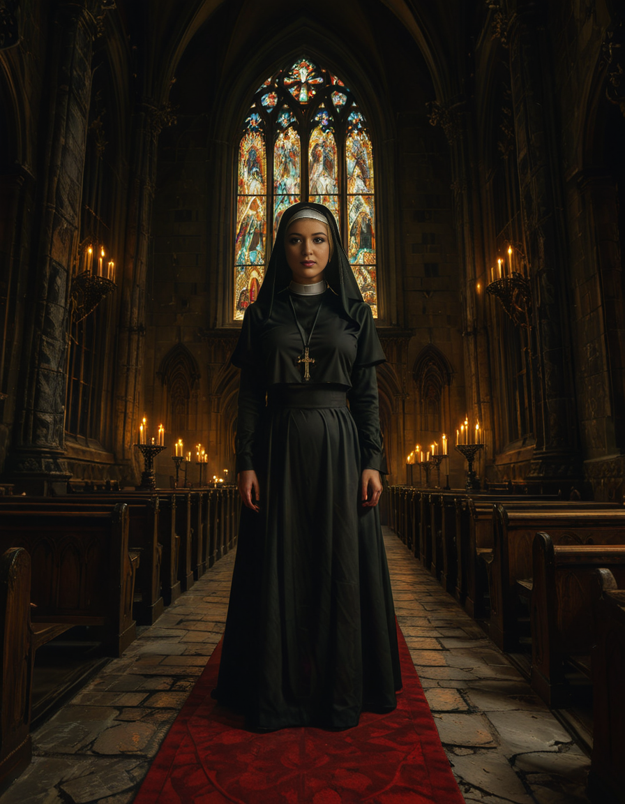 nsfw,focus on a nun,A gothic scene featuring a mysterious woman dressed as a nun in a flowing black latex habit with intricate lace detailing and choker and a red bra, standing solemnly inside of a G0th1c church. The atmosphere is charged with tension as an otherworldly presence seems to loom over the scene, casting eerie red and black shadows on the ancient stone. Other nuns in the background appear uneasy, their movements slow and dreamlike, as if they are being influenced by an unseen dark force. The cathedral's gothic architecture towers above with sharp spires, grotesque gargoyles, and a glowing stained-glass window radiating an unnatural crimson light.<lora:SDXLFaeTastic2400:0.4> <lora:extremely_detailed:0.4> extremely detailed, <lora:G0th1c_church:1>, Masterpiece,best quality,hi res,8k,hi res,8k,award winning,(sharp focus, intricate, highly detailed),