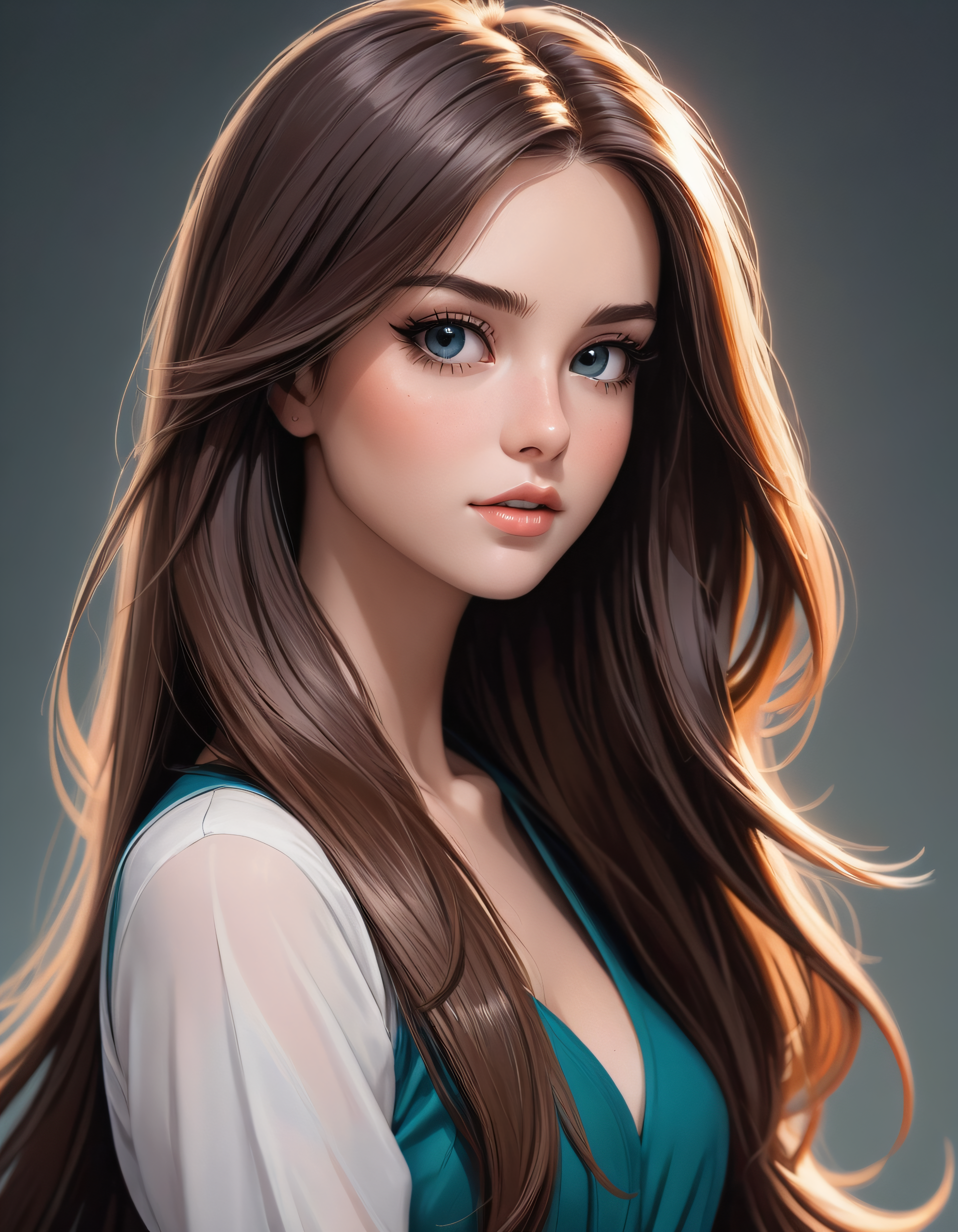 digital art, photoshoot, portrait, closeup, pretty girl, long straight hair, big hair, cartoon style