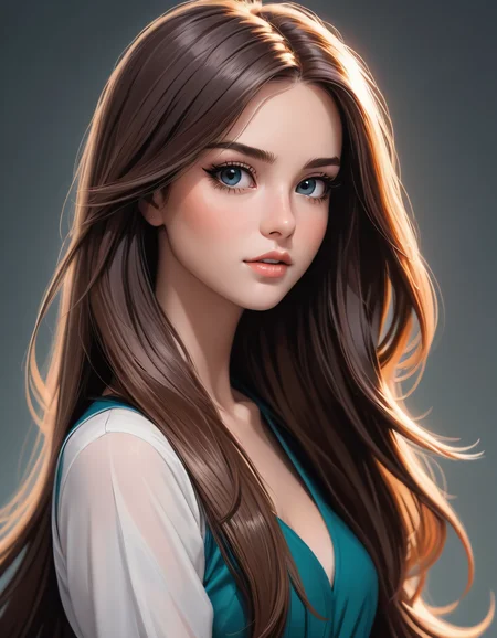 digital art, photoshoot, portrait, closeup, pretty girl, long straight hair, big hair, cartoon style