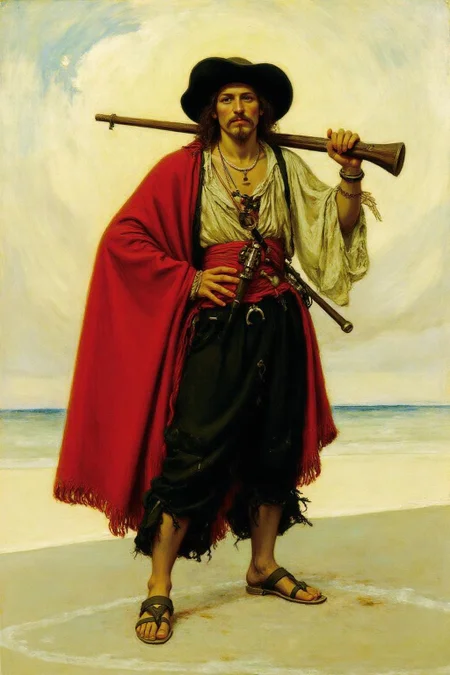 hopy1 illustration.
A pirate standing on a beach. The pirate is a man with a rugged, weathered appearance. He is dressed in a dark, tattered shirt with rolled-up sleeves, a black vest, and a wide-brimmed, black hat. He wears a red cape draped over his shoulders, which adds a vibrant contrast to his attire. The cape is worn and torn, giving it a weathered look. He is carrying a musquet on his shoulder. <lora:hopy1_cap_d6a3e12:1.0><lora:826166985785279373:0>