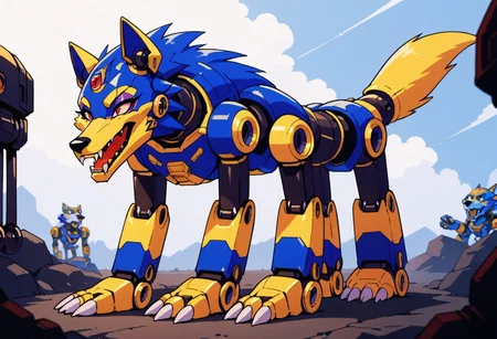 score_9, score_8_up, score_7_up, score_6_up, score_5_up, source_furry, view from below, (eyeshadow:1.6), thin waist, (yellow tail:1.2), friender, blue fire dog, blue armor, feral, (robot:1.8), robotic, black nose, red eyes, paws, claws, (wolf tail:1.2), friender, open mouth, (fangs:1.5), mechanical fortress