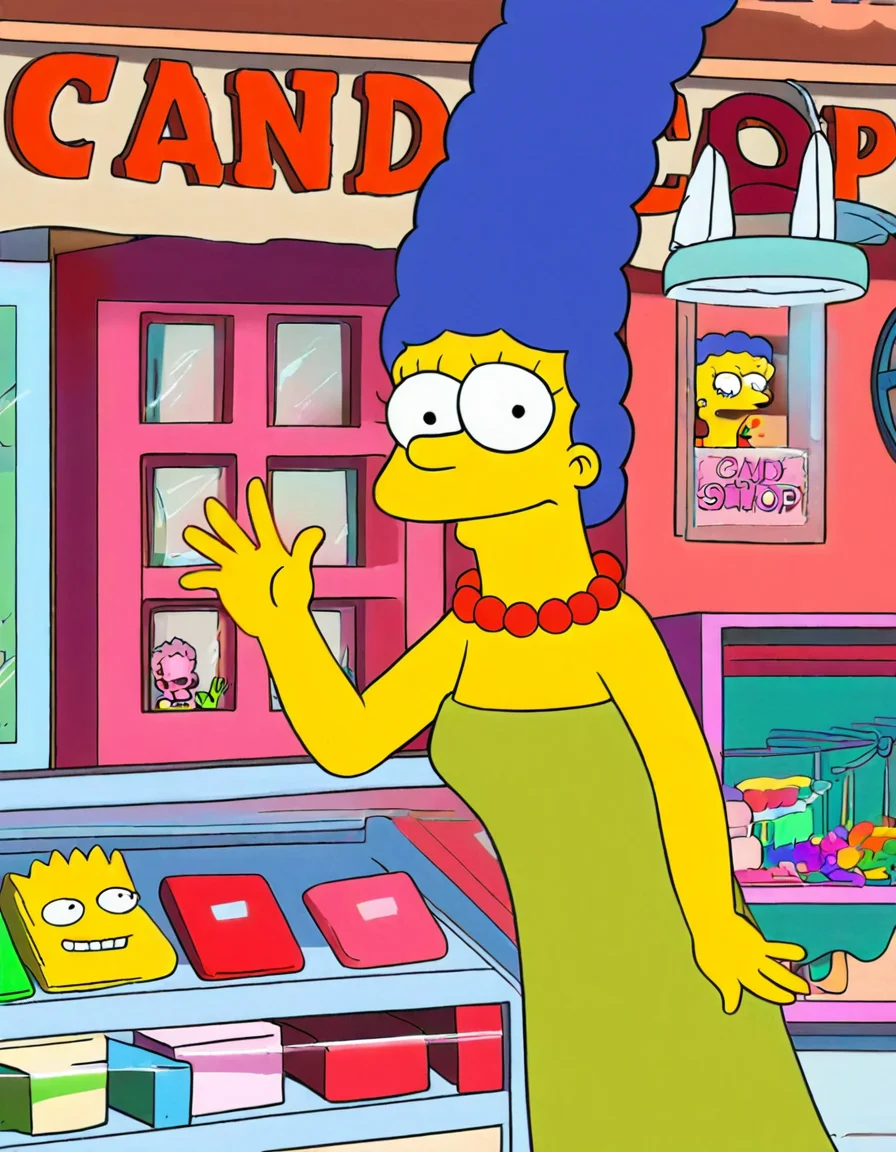 marge_simpsons, woman, blue hair, red necklace, strapless green dress, looking at viewer, waving, in candy shop, masterpiece, best quality,
<lora:the_simpsons:1>