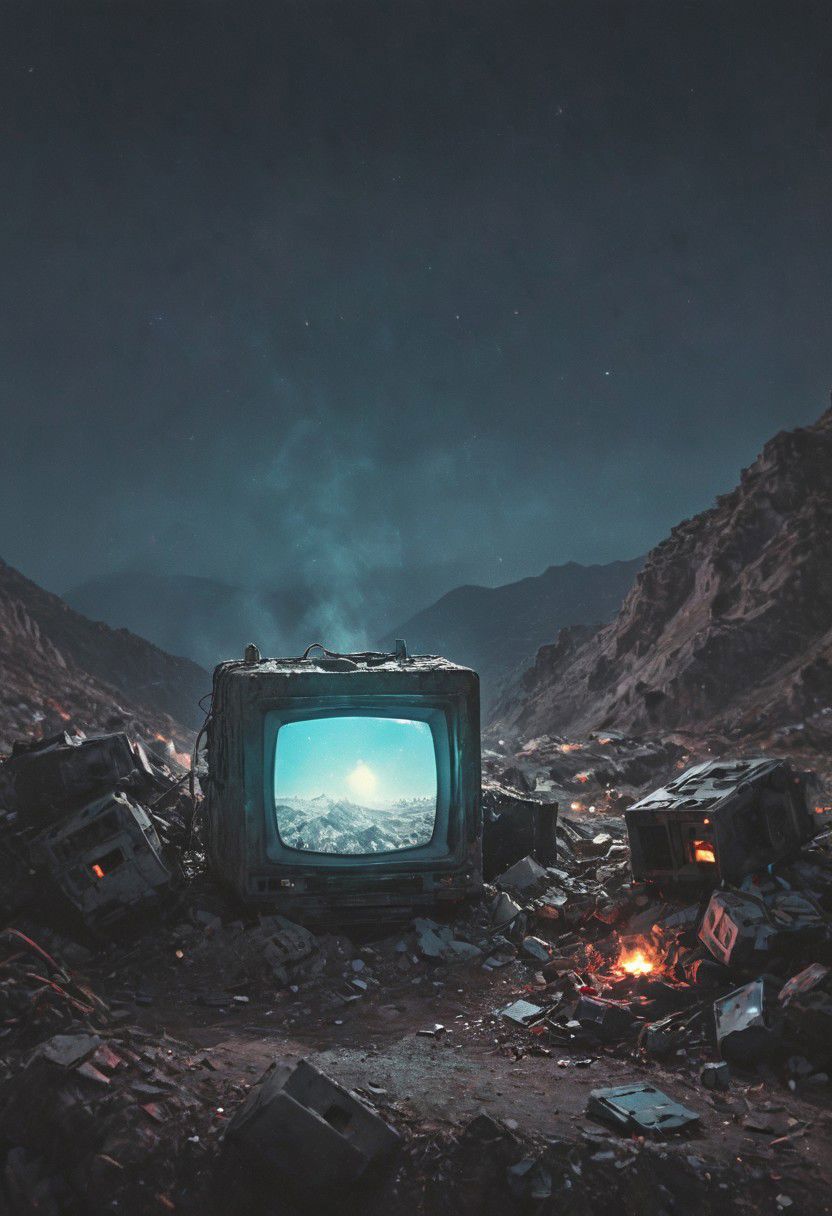 detailed colorful sketch by herg, n-eeyblch, neon-pastel Dark photo, Create a short story inspired by the photo of dystopian Himalayan Sherpas hauling a pile of old computers and electronic waste up a desolate mountain, with the vast landscape and a broken moon in the background.