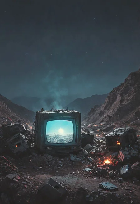 detailed colorful sketch by herg, n-eeyblch, neon-pastel Dark photo, Create a short story inspired by the photo of dystopian Himalayan Sherpas hauling a pile of old computers and electronic waste up a desolate mountain, with the vast landscape and a broken moon in the background.