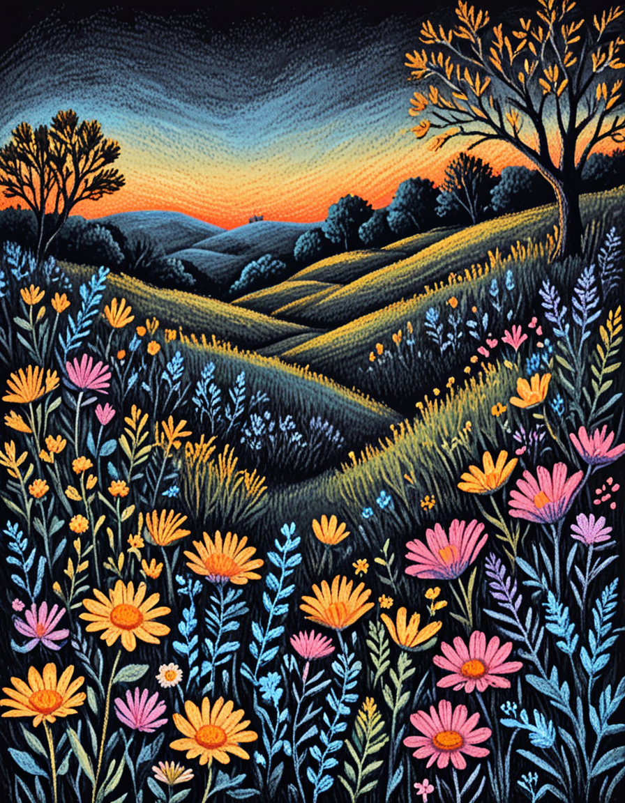 The Haymeadow  novuschroma13 style pastels illustration on black <lora:novuschroma13 style_2:1> <lora:sdxl_lightning_8step_lora:1>