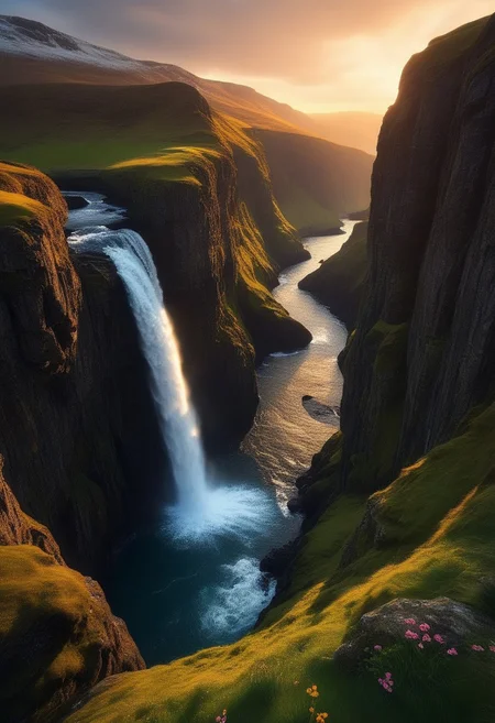 Scottish cliffs, waterfall, Dream Scenery,
detailxl, valley, mountains, rocks, spring, sunset