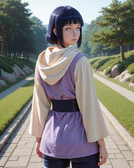 -looking at viewer, outdoors daylight, a 20 year old adult mature woman.
PhotoRealistic Style, back view photo of.
<lora:Naruto_-_Hinata_v2-000030:1> n-hinata, purple eyes, blunt bangs, black hair wearing cream hooded jacket with lavender accents, navy blue pants, blue ninja sandals, Konoha forehead protector
Upper Body view passport style
