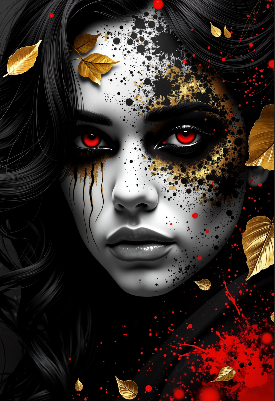bo-abyss, abstract monochrome composition with splashes of deep red accents, high quality, ultra detailed, colorful, abstract, particles, fantasy, partially blended with abstract digital elements. the background features layers of glitch art, fragmented texts, and metallic textures., The image is a digital art piece that appears to be a portrait of a woman's face. The woman has dark hair that is styled in loose waves and falls over her shoulders. Her face is painted white with gold accents, and her eyes are a piercing red. The background is dark, and there are gold leaves scattered throughout the image, creating a dramatic and ethereal atmosphere. The overall mood of the image is mysterious and captivating.