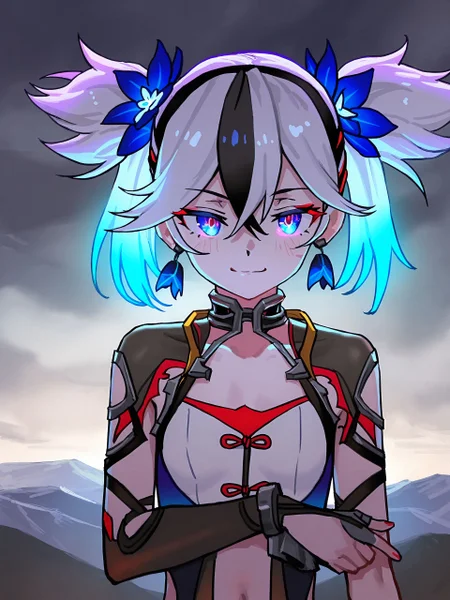 anime screencap, <lora:Konosuba_Anime_Style_IllustriousXL-000009:0.8>,
LK149, <lora:LK149_style_for_illustriousXL:0.8>,
(quasarcake:0.5), as109, xilmo, masterpiece, best quality,
<lora:Glowing_Spot_Color_-_Illustrious:0.6>, glowing eyes, streaked hair, glowing inner hair, glowing streaks,
masterpiece,insanely detailed,detailed background,
cowboy,seductive_smile,looking at viewer,
chun,camellya_\(wuthering_waves\),short twintails,(white hair:0.6),flower,petal,