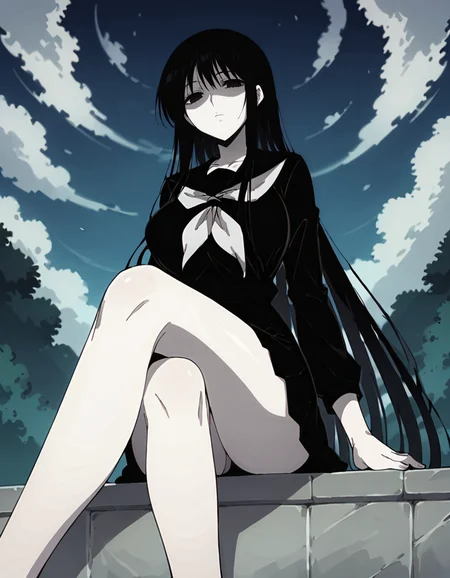 score_9,score_8_up,score_7_up,score_6_up,score_5_up,score_4_up,1girl,milf,hagoromogitsune, monochrome girl,empty eyes,shaded face,black hair,pale skin, white skin,very long hair, <lora:hagoromogitsune-000005:0.8>,looking at viewer,school uniform,black serafuku,serafuku,black shirt,black skirt,sitting,(legs cross),from below,night,outdoor