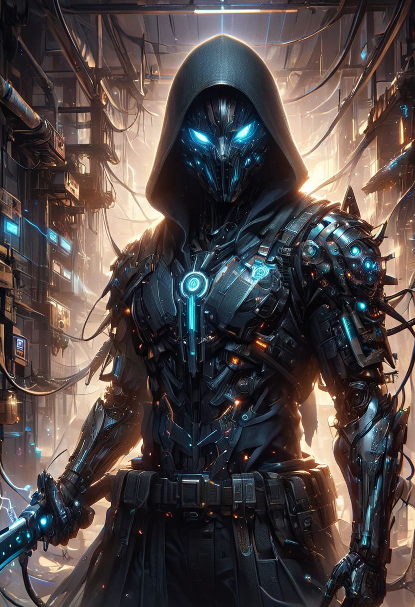 (((Ultra-detailed, Hyper-realistic, 8k, highres, masterpiece))),(full length highly detailed intricate cyborg demonic-skeletal) (tattered cloak),((highly detailed tech body,decaying parts, Intricate exposed wiring, exposed wires,exposed circuitry,electric glow)),((highly detailed cyber-skeletal tech-mask,signs of decay,exposed wiring, exposed wires,exposed circuitry,electric glowing eyes)),in a highly detailed Labratory background with Test tubes,holographic screens,covered in pulsing electricity,cyber setting,cinematic,realistic,science fiction,dark colours,background light,e,<lora:XL_Weapon_Sword_-_By_HailoKnight_2:0.8>,Wielding sword,<lora:add-detail-xl:1>,<lora:ArmorSuit_v01:0.8>, armorsuit,
