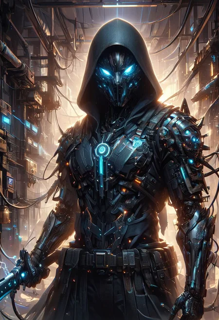 (((Ultra-detailed, Hyper-realistic, 8k, highres, masterpiece))),(full length highly detailed intricate cyborg demonic-skeletal) (tattered cloak),((highly detailed tech body,decaying parts, Intricate exposed wiring, exposed wires,exposed circuitry,electric glow)),((highly detailed cyber-skeletal tech-mask,signs of decay,exposed wiring, exposed wires,exposed circuitry,electric glowing eyes)),in a highly detailed Labratory background with Test tubes,holographic screens,covered in pulsing electricity,cyber setting,cinematic,realistic,science fiction,dark colours,background light,e,<lora:XL_Weapon_Sword_-_By_HailoKnight_2:0.8>,Wielding sword,<lora:add-detail-xl:1>,<lora:ArmorSuit_v01:0.8>, armorsuit,