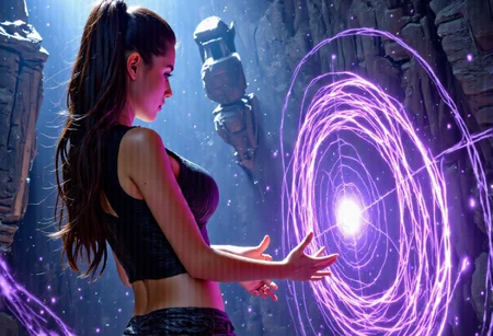 1younggirl, Masterpiece, 8k, ultra high detail, score_7 up,
volumetric lighting, vivid colors, vibrant colors, score_8_up, score_9, very small breast size, very long open midnightblack hair with nightblue shiver, fcNeg, stunning blue halfasian eyes, suntan skin, small nose, innocent beauty, slim face, cute face, skinny body, perfect body, extreme detailed body, intence blue eyes, perfect face, ultra high detailed face, perfect eyes, very petite, human ears,
Innocent face, innocent beauty,
Tan Poor Medieval fantasy clothes, ready to fight,
using violett powerfull magic, magic violett lighting, highly concentrated, casting spell with both hands,
Huge magical temple in background, fighting agains huge spider, surrounded by spider, spiderweb,
Fighting agains monsters, using Powerfull magic, using attack magic, fighting scene, Final Attack, aura, magic, bright eyes, BadDream, final magic attack, ultimate magic attack, energy aura, massive magic attack,
Kamehameha-Charge,hands cupped together,bent elbows,arms on waist level, holding a glowing orb with massive energy vortex, massive intense magic vortex whirling around girl, mythp0rt, detailed hands,