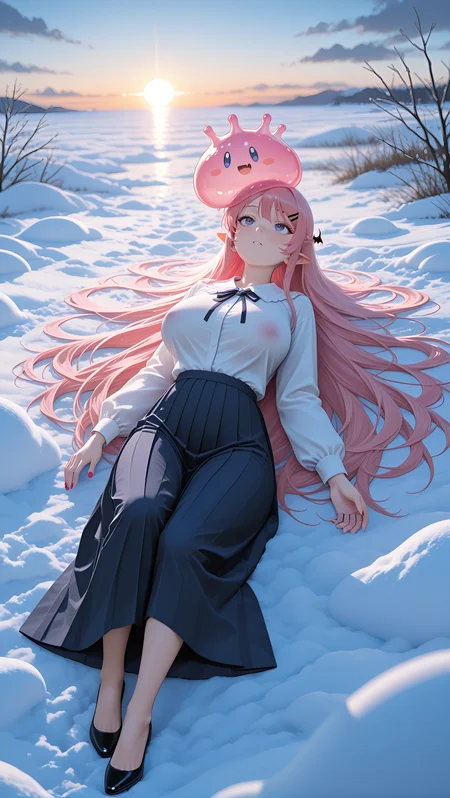 Rapunzel-length, Hot pink hair, motion_blur:1.1, best quality, Sky filled with floating rivers flowing between clouds., snow, fetal_position, very aesthetic, barefoot, depth of field, masterpiece, polarized, very long hair, slime_(creature), absurdres, ambient occlusion, absolutely eye-catching, moonlit vampire, RTX, Peter Pan collar blouse tucked into a pleated midi skirt, Mai Sakurajima, nail_polish, 8K, ultra-detailed, 2boys, pointed_ears, vibrant colors, multiple_views, lying, 1girl, sagging breasts, BREAK, sunrise, motion_lines:1.1, amazing quality, throwing multiple shuriken rapidly, slime_(creature), newest, Neon Tan Theme, large breasts, light skin, anime character, Mary Jane shoes., In the style of azure lane, BREAK