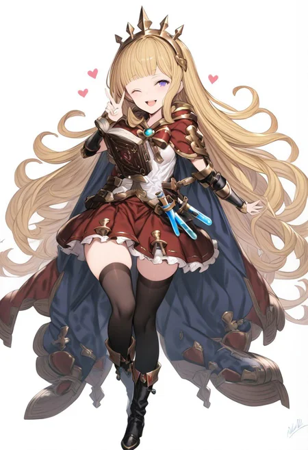 masterpiece, best quality, ultra-detailed, beautiful, nai3, 1girl, solo, full_body, tachi-e,
cagliostro \(granblue fantasy\), 1girl, ;d, arm guards, black footwear, black thighhighs, blonde hair, blunt bangs, blush, book, boots, bracelet, cape, full body, glowing, heart, holding, holding book, jewelry, knee boots, knees together feet apart, liquid, long hair, looking at viewer, one eye closed, open book, open mouth, purple eyes, red ribbon, red skirt, ribbon, signature, simple background, skirt, smile, solo, test tube, thighhighs, v, very long hair, white background