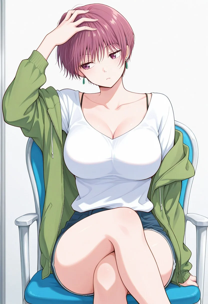score_9, score_8_up, score_7_up, source_anime,(extremely detailed CG), (best quality),
1girl, breasts, solo, short hair, sitting, crossed legs, earrings, cleavage, jewelry, chair, large breasts, jacket, shorts, off shoulder, hand on own head, looking to the side, collarbone, tomo