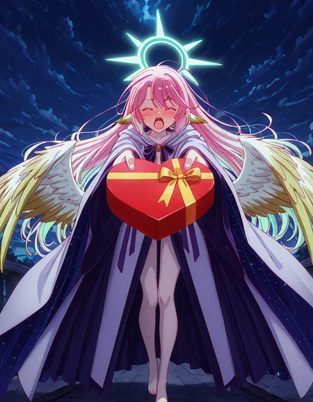 nsfw, year 2024, highres, masterpiece, masterpiece,best quality,amazing quality, 1girl, anime screencap, heart-shaped box, holding, box, gift, valentine, incoming gift, closed eyes, blush, open mouth, outstretched arms, outdoors, night sky, clouds, shouting, Jibril Ngnl, No Game No Life, Long, rainbow-colored hair, Heterochromatic eyes: gold and blue, Feathery wings, Pale skin, Elegant, flowing robes, Barefoot, Pointed ears, Halo-like headpiece, Youthful appearance, Slender build, nogenola