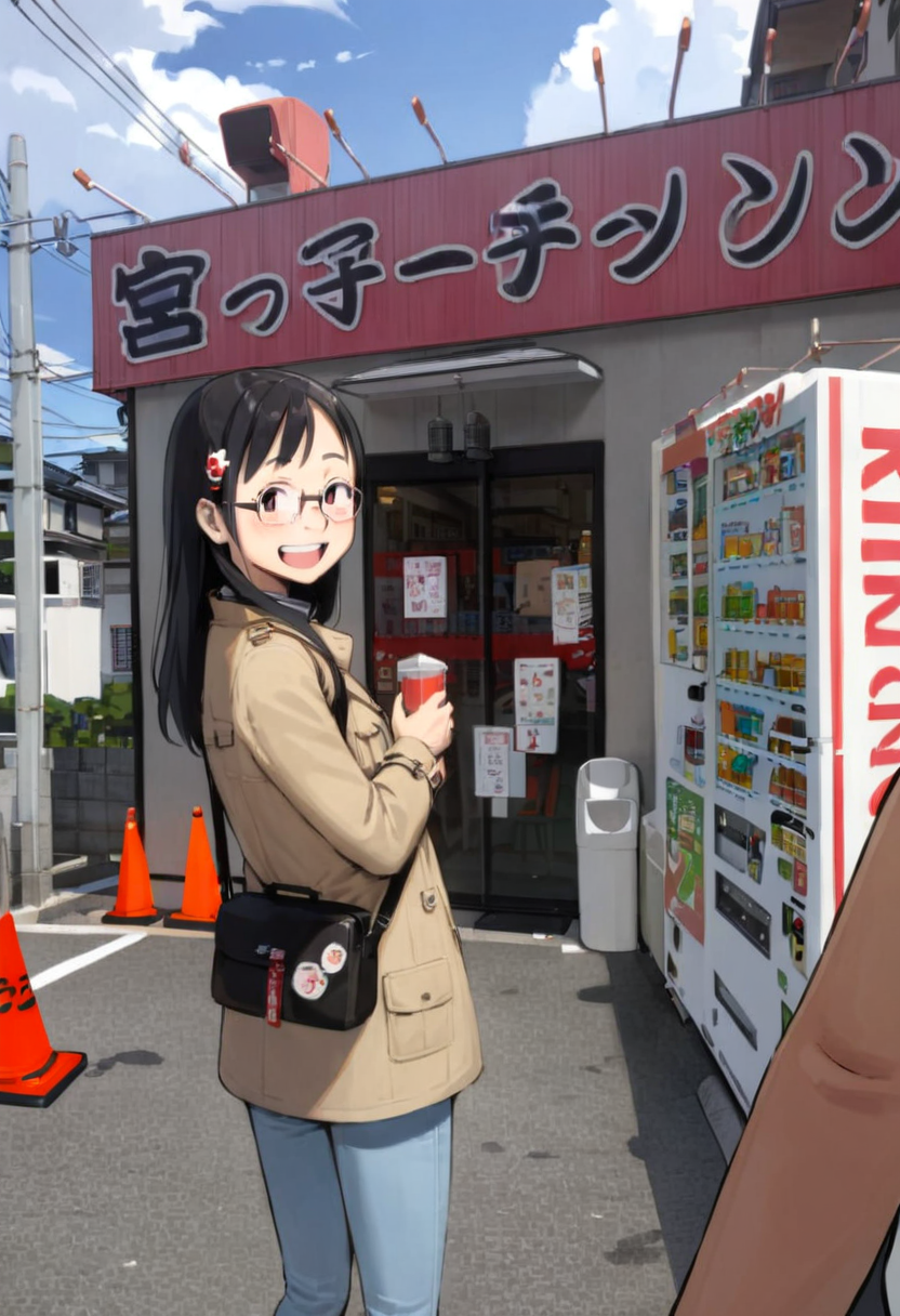masterpiece, best quality, very aesthetic, absurdres,
1girl, solo, glasses, black hair, long hair, field jacket, jeans, black bag, smile, laughing, looking at viewer, solo focus,
miyakko, scenery, storefront, japan, outdoors, scenery, sky, cloud, power lines, utility pole, building, road, traffic cone, day, vending machine, sign, street, cloudy sky, shop
 <lora:miyakko_storefront_SDXL_V2:1> <lora:col_xl:0.6>