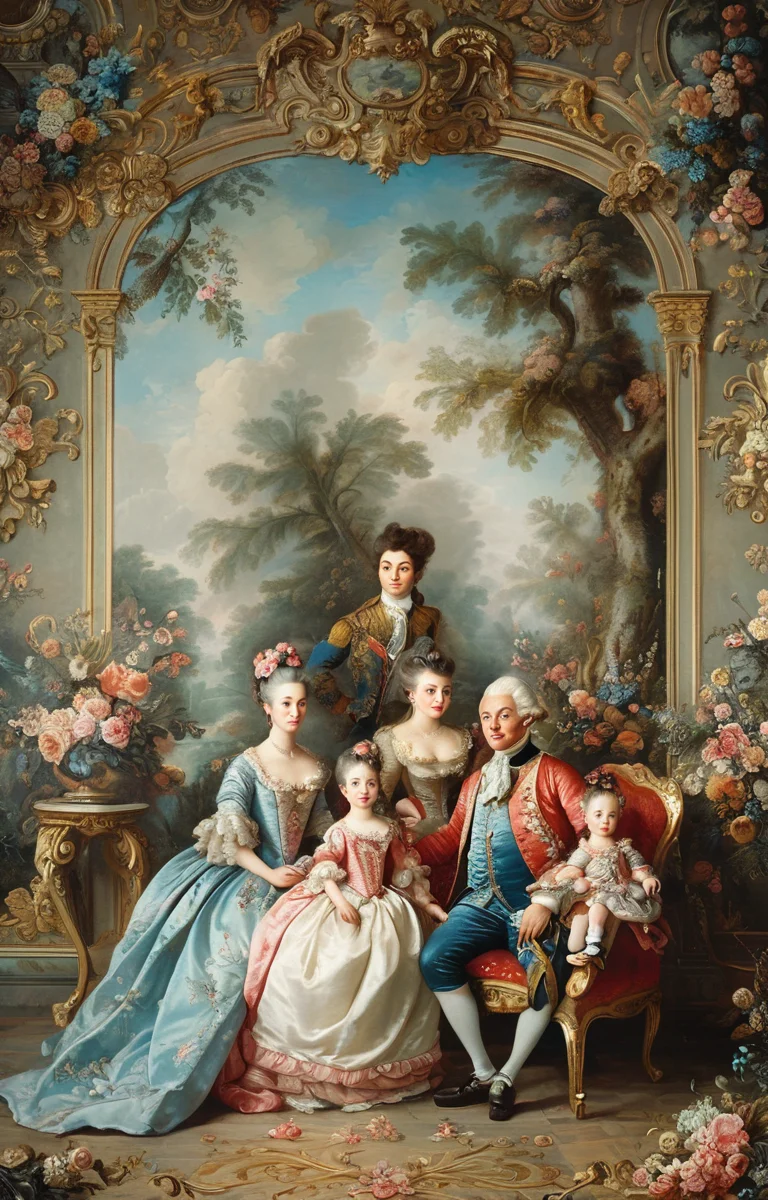 masterpiece,best quality,<lora:tbh356-sdxl:0.6>,illustration,style of patten of Rococo portrait of family