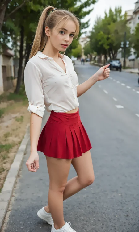 HiHike, (slim woman) standing at a street. The woman wears red short skirt and blouse, sneakers and has long blonde ponytail <lora:Hitchhike:1>
