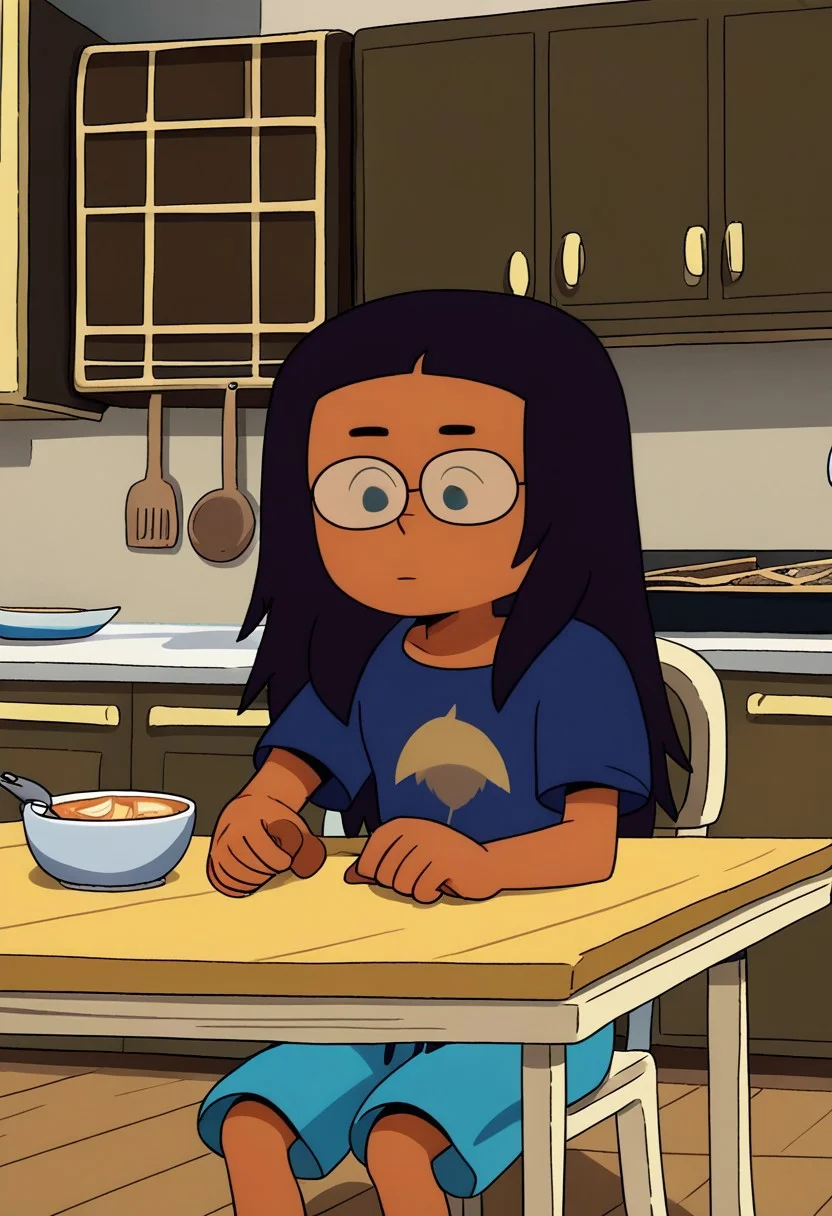 1girl, solo,
black hair, long hair, hair down, tan skin, blue t-shirt, turquoise shorts, black glasses, indoors, kitchen, sitting at table,