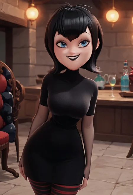 score_9, score_8_up, score_7_up, ultra quality, solo, 1girl, black hair, short hair, blue eyes, fangs, black lips, black nails, black dress, grey elbow gloves, striped pantyhose, red sneakers, smug smile, hips focus, big hips, big butt, bubble butt, curvy, narrow waist, standing, front view, looking to the viewer, upper body, view from above, close up, screencap