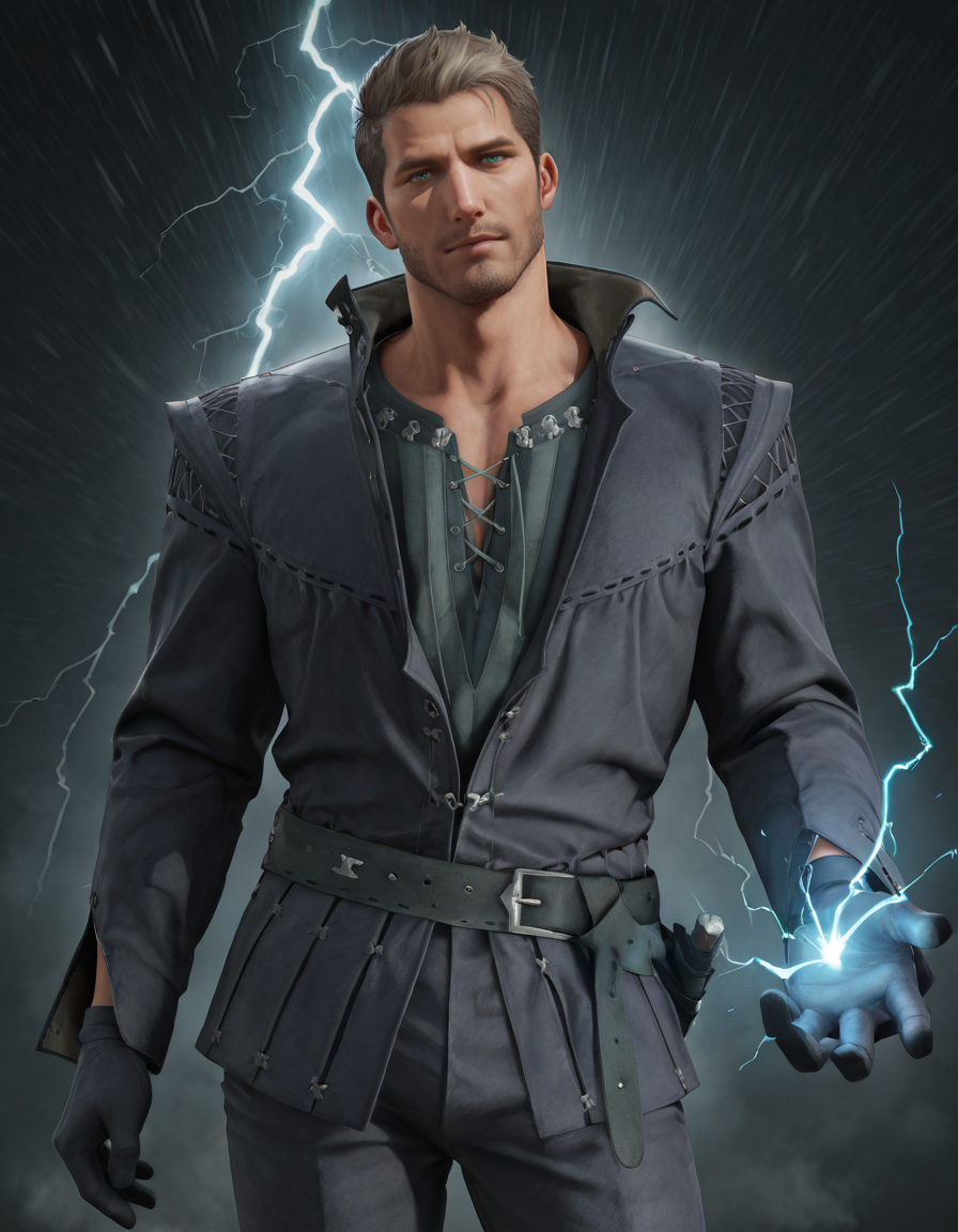 masterpiece, best quality, newest, detailed background, intricate details, male focus, realistic, solo, <lora:FFXVI - Cidolfus Telamon - Illustrious-000008:0.8>, cid_t, 1boy, mature male, green eyes, light brown hair, facial hair, jacket, shirt, belt, gloves, pants, storm, lightning, magic, electricity, holding magic, hand held up, looking at viewer, glowing blue eyes, upper body, contrapposto, head tilt