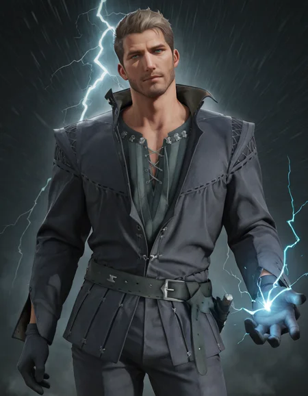 masterpiece, best quality, newest, detailed background, intricate details, male focus, realistic, solo, <lora:FFXVI - Cidolfus Telamon - Illustrious-000008:0.8>, cid_t, 1boy, mature male, green eyes, light brown hair, facial hair, jacket, shirt, belt, gloves, pants, storm, lightning, magic, electricity, holding magic, hand held up, looking at viewer, glowing blue eyes, upper body, contrapposto, head tilt