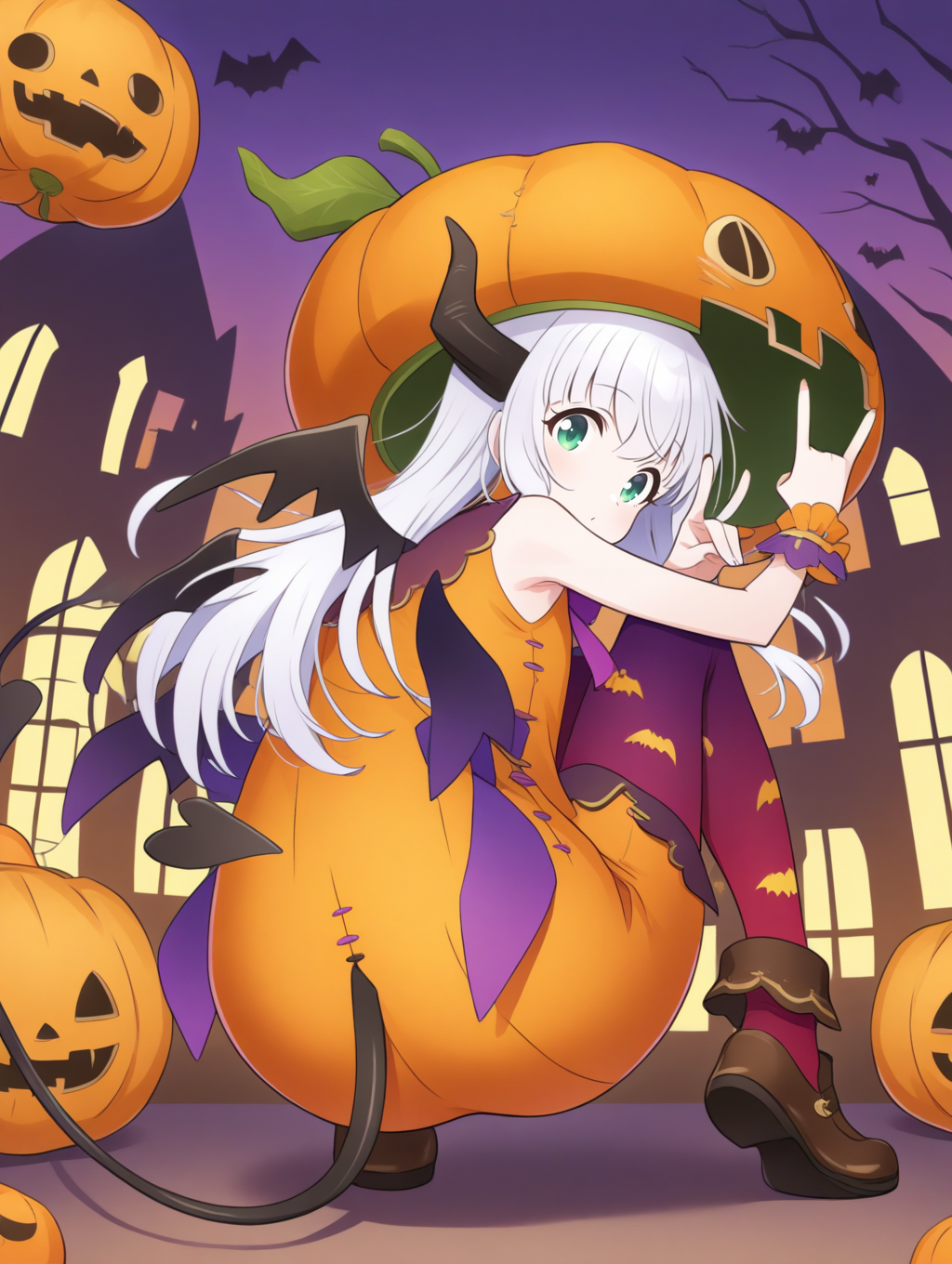 perfect quality,best quality,absolutely eye-catching,ambient occlusion,raytracing BREAK
1girl,<lora:riria kabotya IL v1.1:1>,kabotya,white hair,green eyes,long hair,horns,halloween,halloween costume,pumpkin,hat,sleeveless,wrist cuffs,wings,ribbon,demon tail,red legwear,purple legwear,shoes,print legwear,, from behind, looking at viewer,full_shot,the_pose,double_fox_shadow_puppet,hugging_own_legs,hand_on_own_knee,