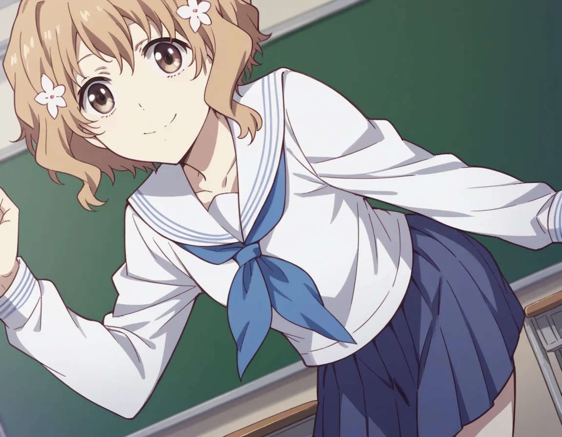 score_9, score_8_up, score_7_up, source_anime,
ohanamatsumae, <lora:ohana-matsumae-s1-ponyxl-lora-nochekaiser:1>,
ohana matsumae, short hair, brown hair, hair ornament, brown eyes, flower, hair flower,
skirt, school uniform, serafuku, blue skirt, pleated skirt, neckerchief, blue neckerchief, long sleeves,
indoors, classroom, bent over, smile,
looking at viewer, cowboy shot, solo, dutch angle,