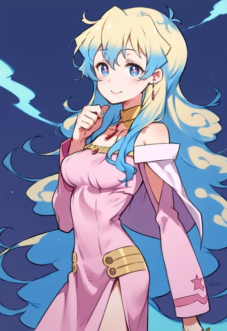 score_9, score_7_up, source_anime, BREAK smile, <lora:NiaS2-000009:1> nias2, 1girl, blue eyes,symbol-shaped pupils, very long hair, blonde hair, blue hair, two-tone hair, medium breasts, earrings, jewelry, pink dress, bare shoulders, long sleeves,
<lora:kuroboshi_kouhaku_PonyXL_style_v01:1>
