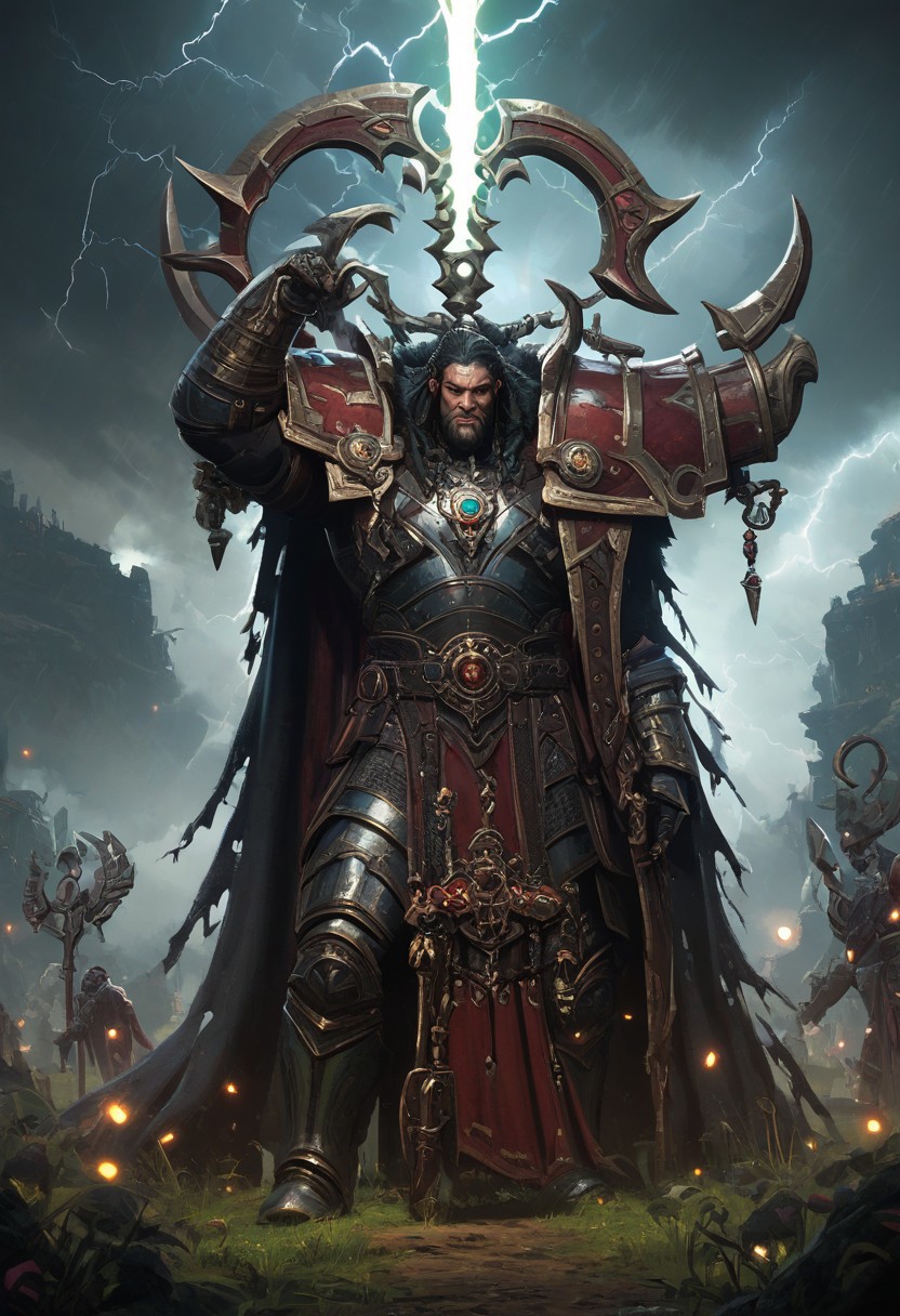 score_9,score_8_up,score_7_up,score_6_up, a nqstrman man in a black and red outfit holding а staff raised above his head Standing in a field in front of hordes of monsters, his long coat billowing when lightning strikes at the his staff. A storm through which faces are guessedgods,ng_deepnegative_v1_75t