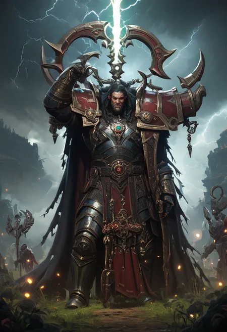 score_9,score_8_up,score_7_up,score_6_up, a nqstrman man in a black and red outfit holding а staff raised above his head Standing in a field in front of hordes of monsters, his long coat billowing when lightning strikes at the his staff. A storm through which faces are guessedgods,ng_deepnegative_v1_75t