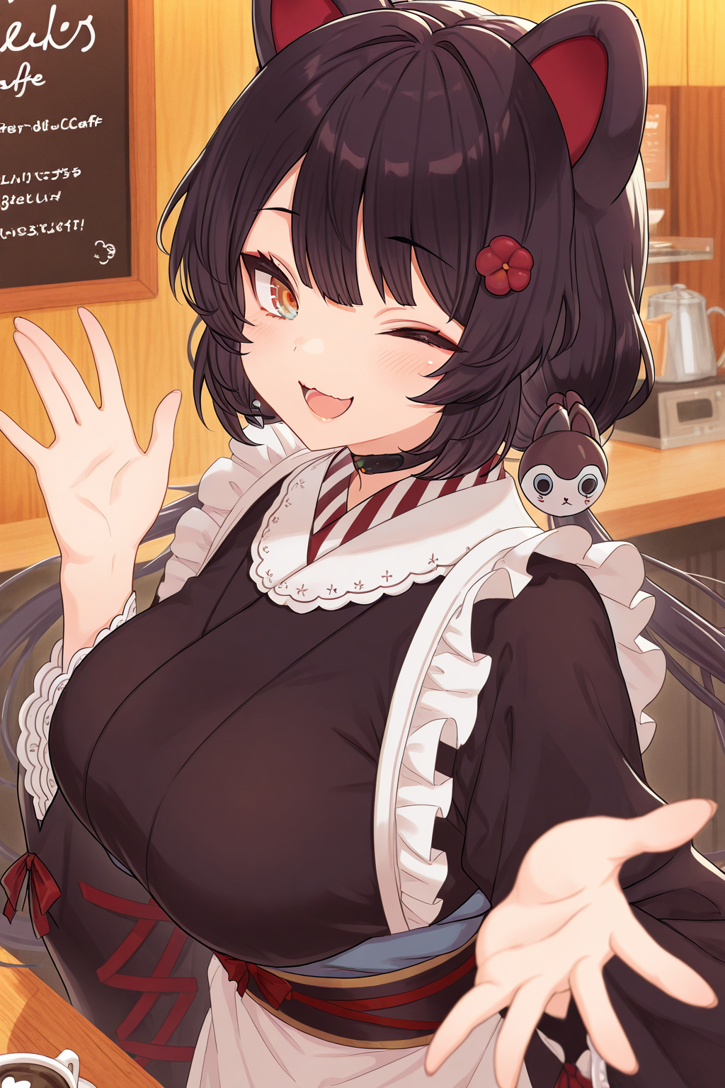 1girl, InuiTokoNijisanji, 
general, solo, upper body,
black hair, low twintails, hair ornament, hair flower,
waitress, open hand, smile, one eye closed, open mouth,
black kimono, white apron,
large breasts, 
cafe,
<lora:kp_InuiTokoNijisanjiIllustrious_v1_0:1.0>,
masterpiece, best quality, amazing quality