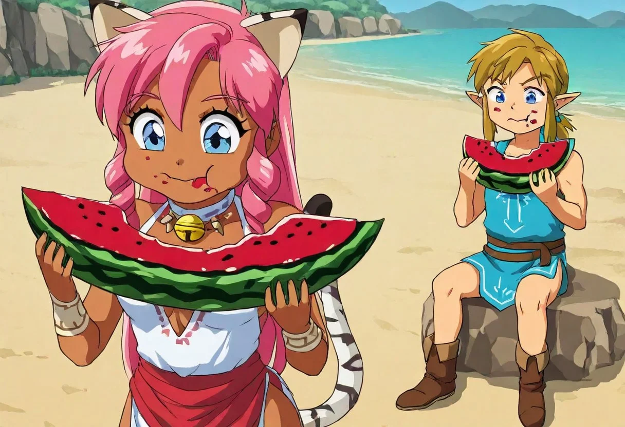 Pink_DragonPink, 1girl, sleeveless dress, white tiger print dress, pelvic curtain, cleavage, cat bell necklace, white tiger tail, red sash, small breasts, leather shoes, masterpiece, very aesthetic, <lora:pink-illustrious:1>, 
Break
1boy,Anime screencap,link (zelda),blonde hair,blue eyes,pointy ears, low ponytail, sidelocks, wearing blue hyilian tunic,
Break
Sunny day at a beach, sitting on beach, eating, comedic expression, happy expression,  closed mouth, chewing, munching, holding, holding food, eating, food in hands, Pink and Link eating watermelon
