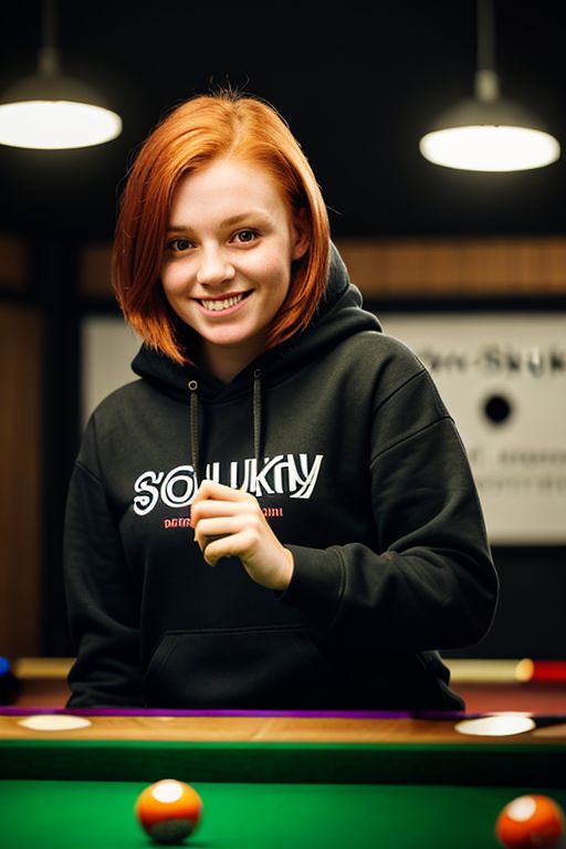 25-year-old woman, playing snooker, dark atmospheric pool hall wearing casual clothing and a hoodie, atmospheric, snooker, cue, playing snooker, leaning over the table, bokeh, ginger colored hair, mischievous smile,