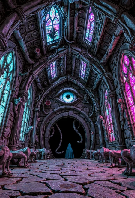Daz3D 3d model featuring a lightless hole, lined with an array of neon gothic windows spiraling along its carved walls. A colossal ghostly eye is gazing back menacingly. With a spectral glow emphasizing the bizarre ambiance; masterpiece, intricate details, dappled lighting
