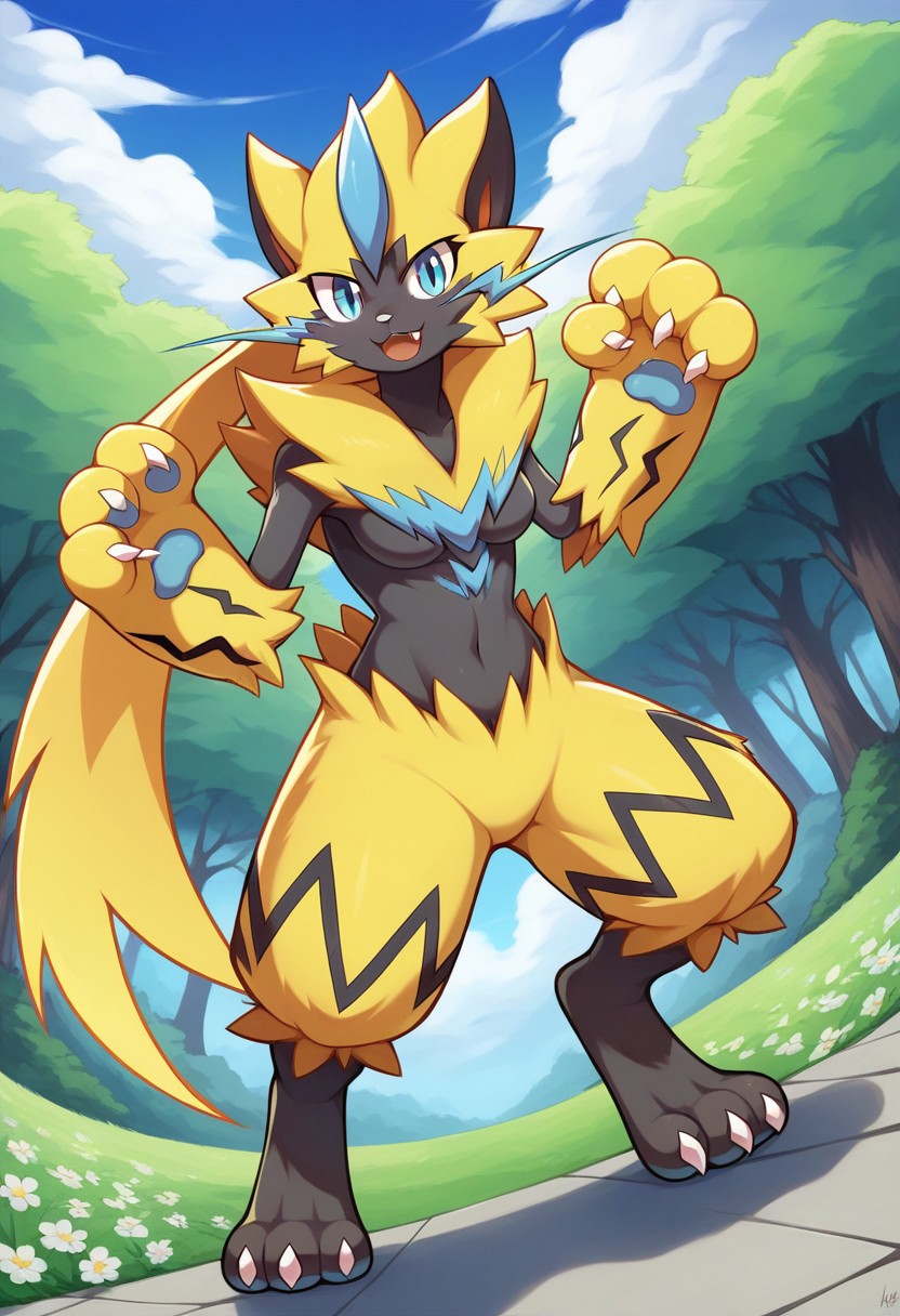 score_9, score_8_up, score_7_up, source_anime, prefect lighting, very aesthetic, intricate details, highly detailed background, masterpiece, high quality, perfect, best quality, 1girl, solo, ,<lora:Zeraora_-_Pokemon_PONY_XL:1.0>, Zeraora, pokemon (creature), anthro, feral, furry, furry female, blue eyes, low ponytail, four fingers, animal hands, claws, body fur, yellow fur, navel, three toes, animal feet, pawpads, medium breasts, outdoors, trees, flowers, clouds, wind, looking at viewer