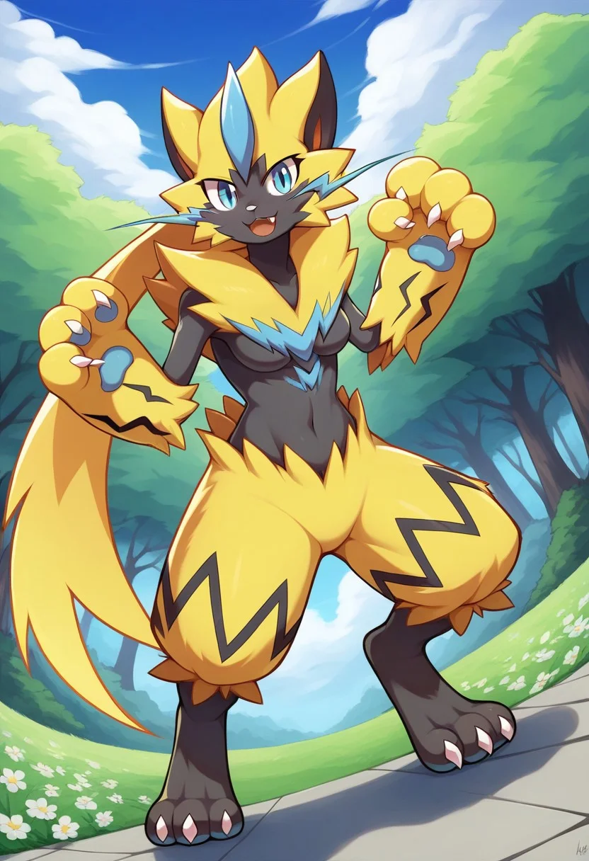 score_9, score_8_up, score_7_up, source_anime, prefect lighting, very aesthetic, intricate details, highly detailed background, masterpiece, high quality, perfect, best quality, 1girl, solo, ,<lora:Zeraora_-_Pokemon_PONY_XL:1.0>, Zeraora, pokemon (creature), anthro, feral, furry, furry female, blue eyes, low ponytail, four fingers, animal hands, claws, body fur, yellow fur, navel, three toes, animal feet, pawpads, medium breasts, outdoors, trees, flowers, clouds, wind, looking at viewer