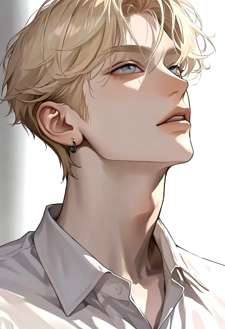 <lora:KoreanStyleSDXLvpred10:1>, AiKoreanStyle, jewelry, white shirt, earrings, short hair, portrait, blonde hair, collared shirt, 1boy, male focus, parted lips, looking up, masterpiece, best quality, year 2024, newest, highres, absurdres, very awa,