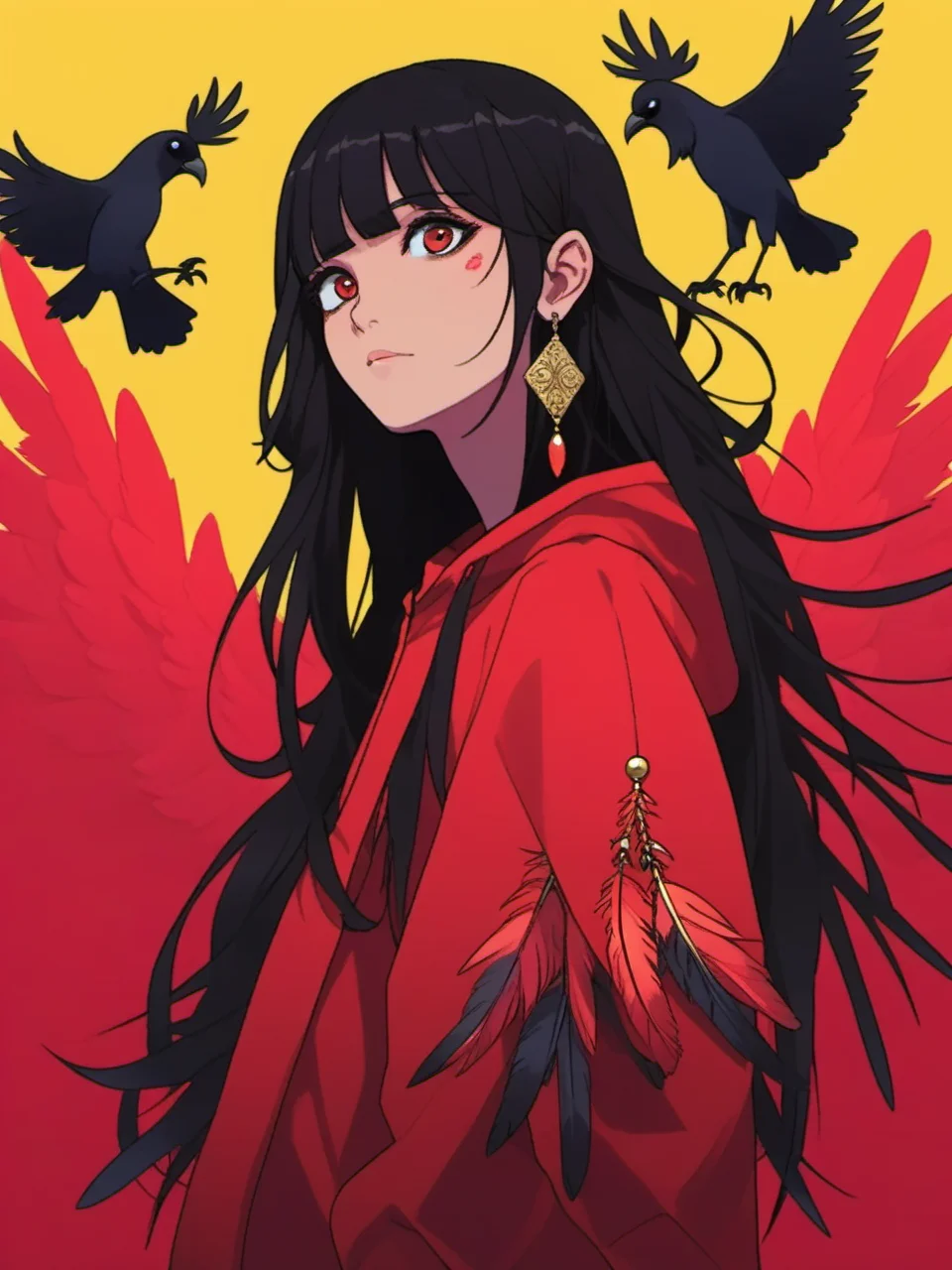 feathers, red_sky, crow, dark_skin, yellow_background, solo, dark-skinned_female, earrings, black_hair, 1girl, long_hair, looking_at_viewer, jewelry, bangs, bird, hood, extra_eyes, earrings, red_wings, female_focus,  gradient background,  <lora:niniv2:0.7>