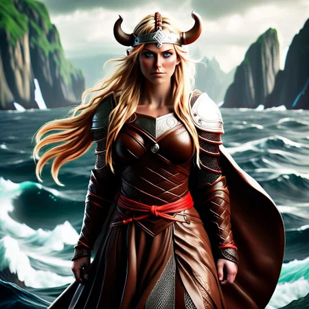 Close up shot. Image is a high resolution anime style artwork featuring a beautiful viking female character on a longship in the middle of the sea. Off in the distance is a beautiful and serene island with a rural village. At the front of the viking longship is the female viking clad in simple chainmail armor with a red and white striped talbard over it and a fur cloak. She has an exotic braided blond hairstyle with brown eyes. Her expression is a sinister one of a yandere. The longship has different colorful round shields along the side of it with a striped red and white sail. In the background is fog, a small village, open ocean, grassy island, small monestary,Made of chocolate,