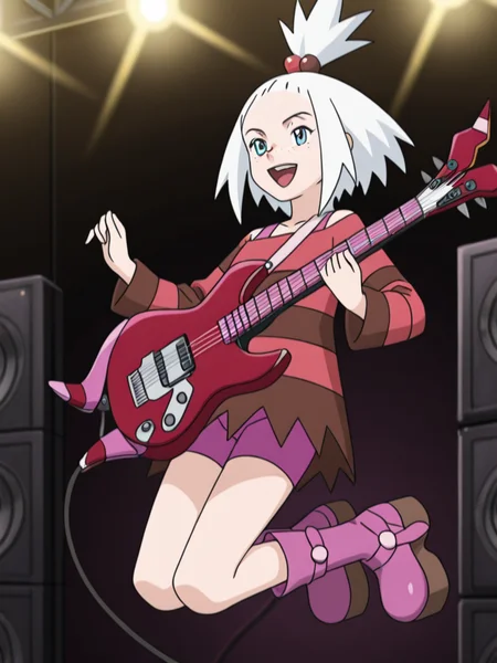1girl,1girl, upper body, jumping, happy,
<lora:roxie_2_pe:0.8>
Roxi5,
blue eyes,pale skin, freckles, 
white hair, tied in a high,spiky ponytail ,hair ornament, red and brown hair bobbles,
pink vest top,
loose dress, striped dress,red and brown striped,
pink bike shorts,
pink boots platform,brown sole,
red electric guitar, 
pink details electric guitar,
light pink guitar strap,
masterpiece, high quality, absurdres, best quality, very aesthetic, newest,