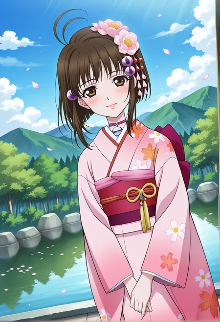 japanese village, pond, forest, flowers, clouds, day, flower petals,
light smile, blush, standing,
cowboy shot, dynamic angle,
BREAK,
<lora:reala_illustriousXL_v01:0.95>
realarnd, realakimono, brown hair, hair ornament, brown eyes, ahoge, short hair,
pendant choker, kimono, floral print, pink kimono, sash, hair flower,, source_anime, very aesthetic, anime coloring, masterpiece,
best quality, amazing quality, ultra detailed, very aesthetic,
detailed background,
BREAK,