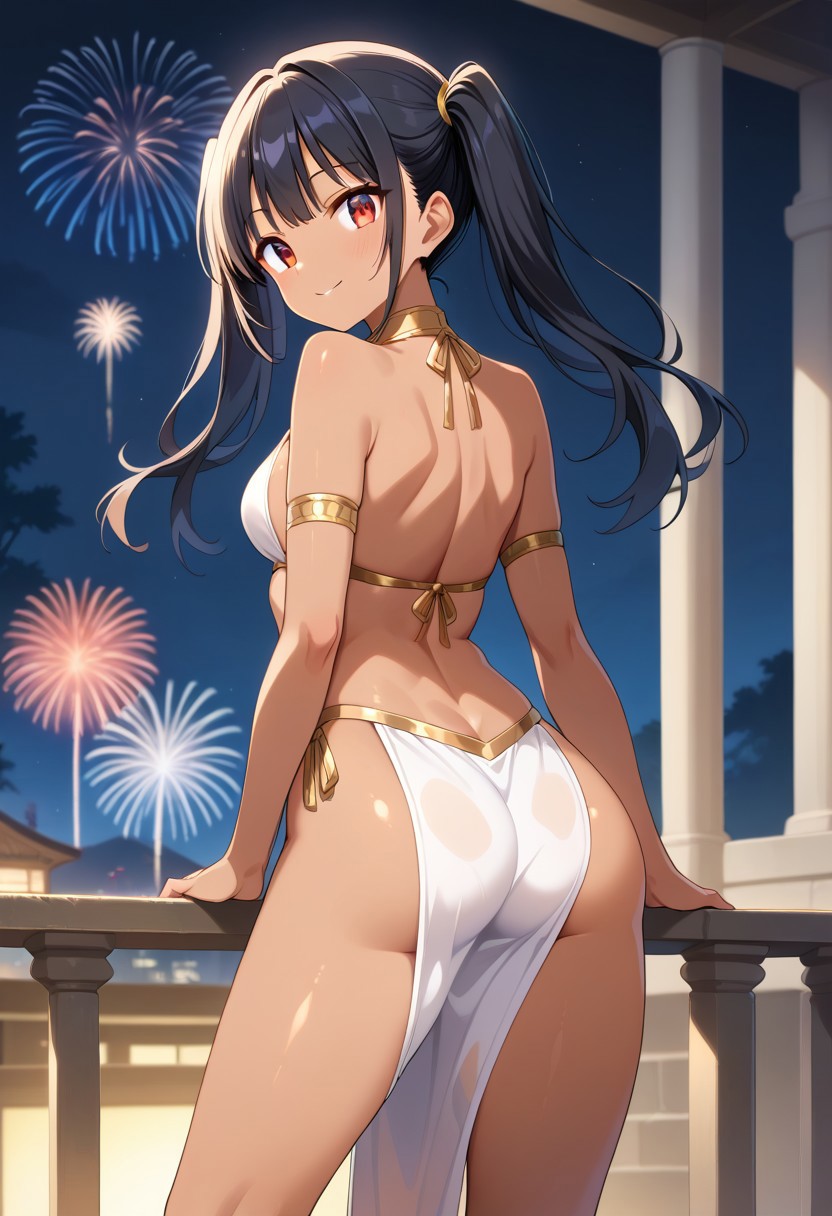score_9, haphut, dark skin, red eyes, black hair, twintails, halter, pelvic curtain,<lora:aerial-fireworks-ponyxl-lora-nochekaiser:1>, aerial fireworks, blurry background, blush, smile, fireworks, from behind, looking at viewer, looking back, night, night sky, outdoors, sparkle, source_anime, ntm,