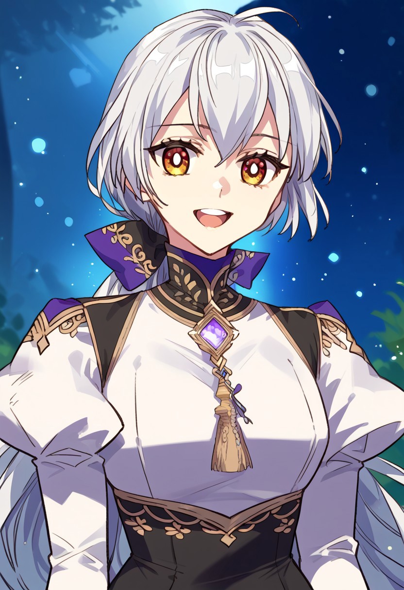 zPDXL3, score_9_up, score_8_up, score_7_up, (Anime_source), 1girl, Aristia, amber eyes, white hair, long hair, Aristia dress, low ponytail, looking at viewer, particles, dark theme, smile, open mouth, cowboy shot