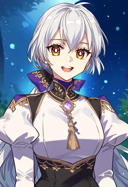 zPDXL3, score_9_up, score_8_up, score_7_up, (Anime_source), 1girl, Aristia, amber eyes, white hair, long hair, Aristia dress, low ponytail, looking at viewer, particles, dark theme, smile, open mouth, cowboy shot